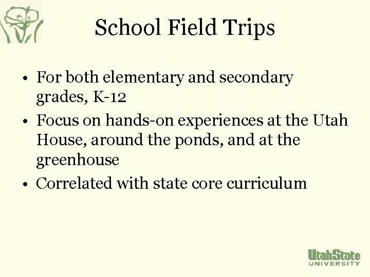 School Field Trips • For both elementary and secondary grades, K-12 • Focus on