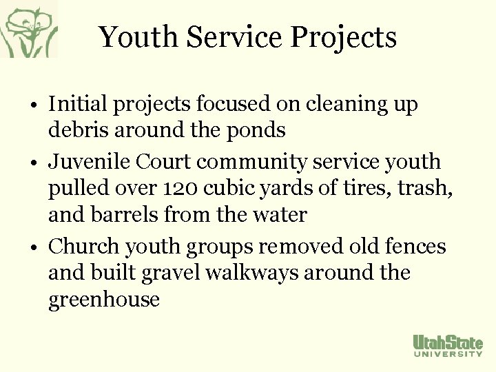 Youth Service Projects • Initial projects focused on cleaning up debris around the ponds