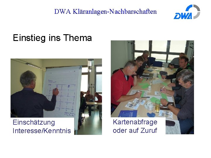 DWA Kläranlagen-Nachbarschaften Einstieg ins Thema Einschätzung Interesse/Kenntnis Kartenabfrage oder auf Zuruf 