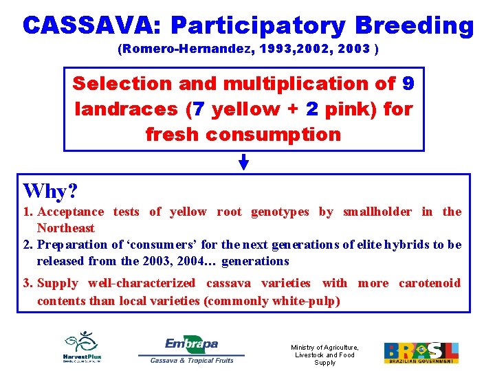 CASSAVA: Participatory Breeding (Romero-Hernandez, 1993, 2002, 2003 ) Selection and multiplication of 9 landraces