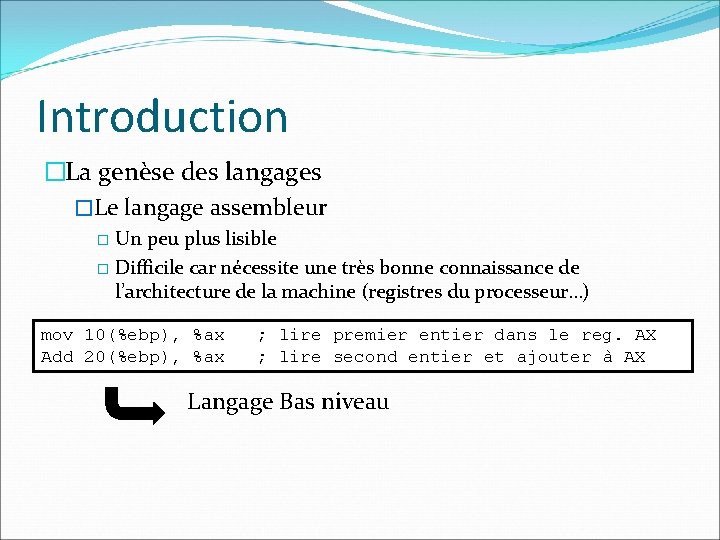 Introduction �La genèse des langages �Le langage assembleur Un peu plus lisible � Difficile