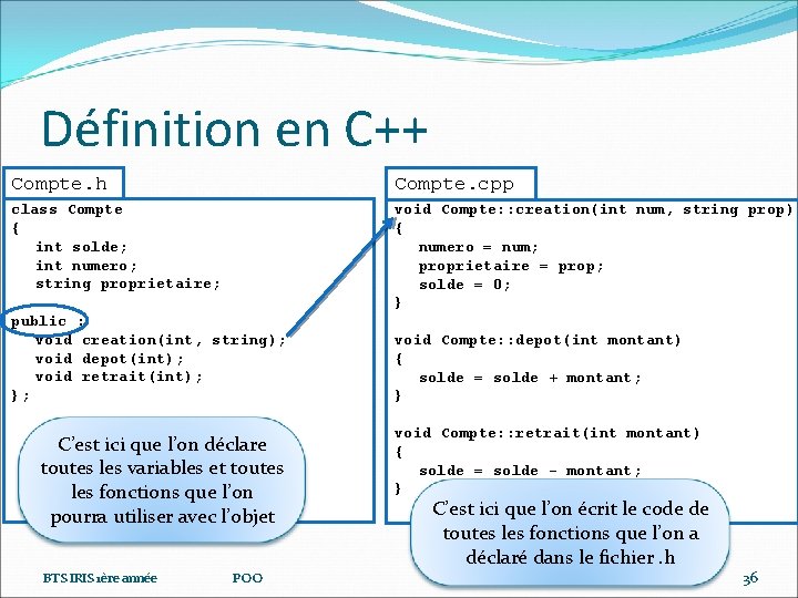 Définition en C++ Compte. h Compte. cpp class Compte { int solde; int numero;
