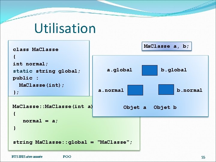 Utilisation class Ma. Classe { int normal; static string global; public : Ma. Classe(int);