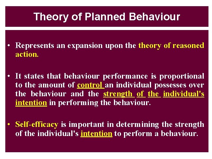 Theory of Planned Behaviour • Represents an expansion upon theory of reasoned action. •