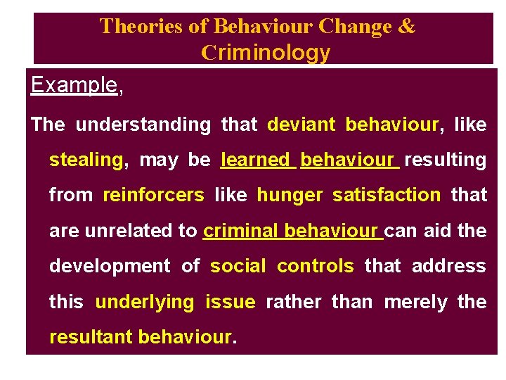Theories of Behaviour Change & Criminology Example, The understanding that deviant behaviour, like stealing,