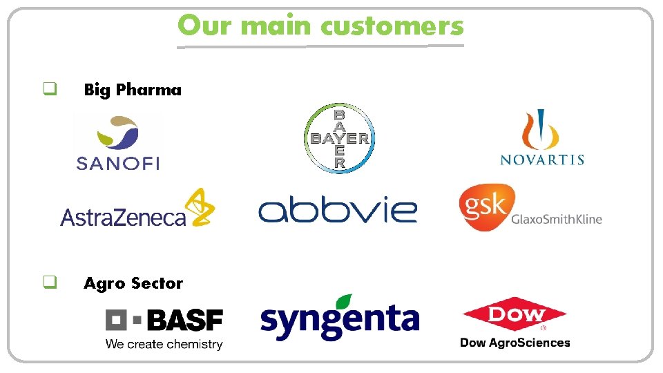 Our main customers q Big Pharma q Agro Sector 