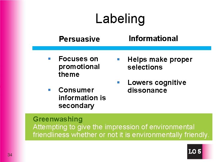 Labeling Informational Persuasive § § Focuses on promotional theme Consumer information is secondary §