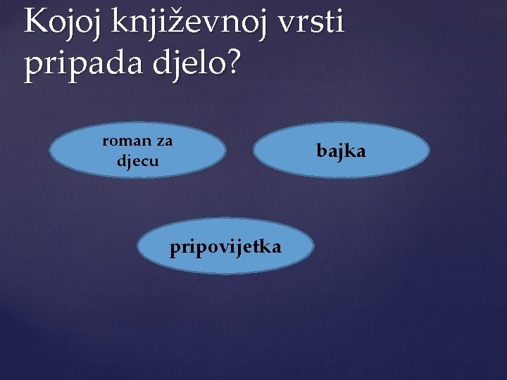 Kojoj književnoj vrsti pripada djelo? roman za djecu pripovijetka bajka 