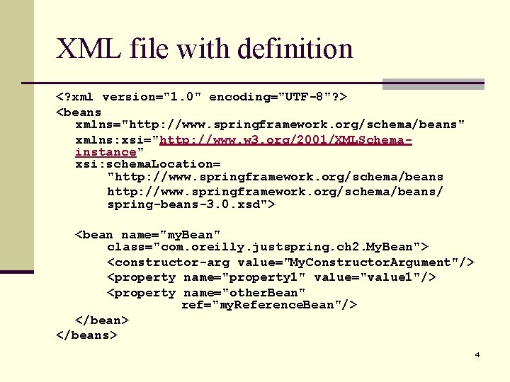 XML file with definition <? xml version="1. 0" encoding="UTF-8"? > <beans xmlns="http: //www. springframework.