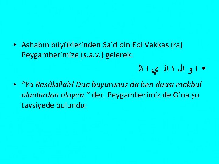  • Ashabın büyüklerinden Sa’d bin Ebi Vakkas (ra) Peygamberimize (s. a. v. )