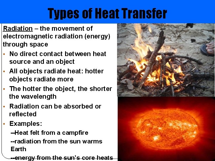Types of Heat Transfer Radiation – the movement of electromagnetic radiation (energy) through space