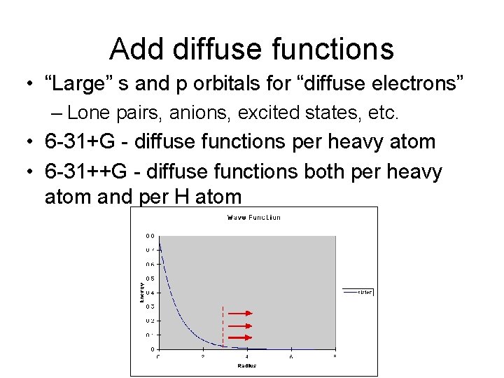 Add diffuse functions • “Large” s and p orbitals for “diffuse electrons” – Lone