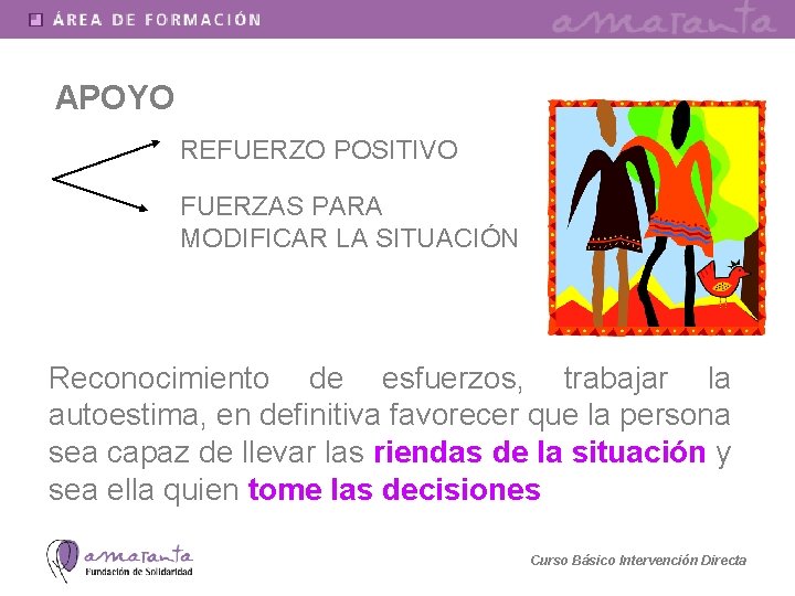 APOYO REFUERZO POSITIVO FUERZAS PARA MODIFICAR LA SITUACIÓN Reconocimiento de esfuerzos, trabajar la autoestima,