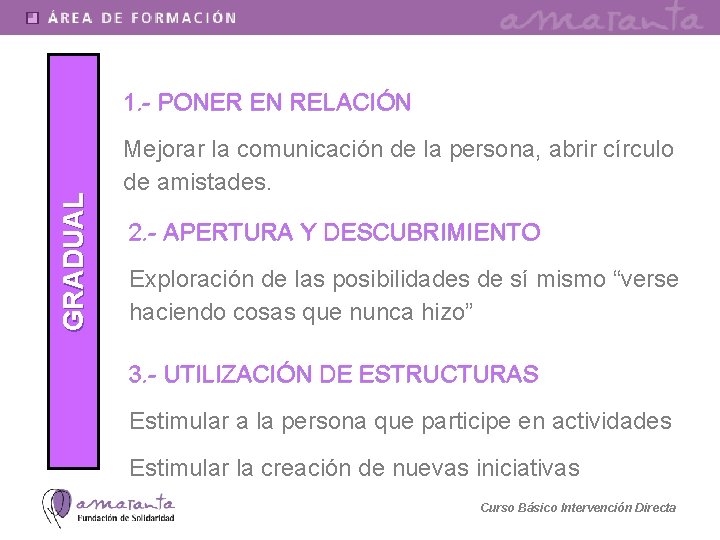 G RADUAL 1. - PONER EN RELACIÓN Mejorar la comunicación de la persona, abrir