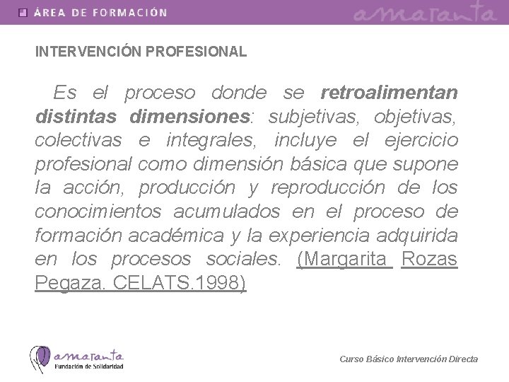 INTERVENCIÓN PROFESIONAL Es el proceso donde se retroalimentan distintas dimensiones: subjetivas, objetivas, colectivas e