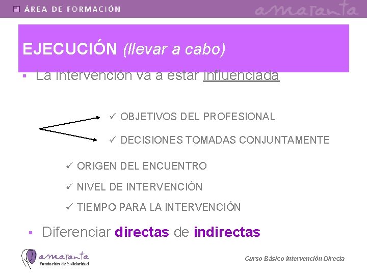 EJECUCIÓN (llevar a cabo) La intervención va a estar influenciada § ü OBJETIVOS DEL
