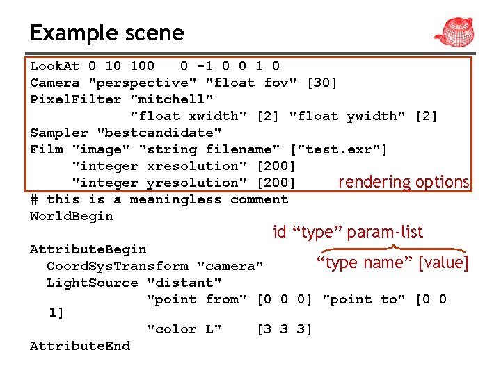Example scene Look. At 0 10 100 0 -1 0 0 1 0 Camera