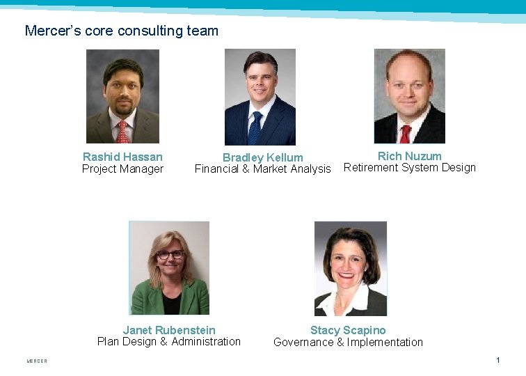 Mercer’s core consulting team Rashid Hassan Project Manager Bradley Kellum Financial & Market Analysis