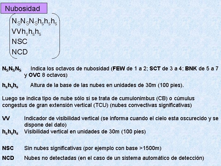 Nubosidad NSNSNShshshs VVhshshs NSC NCD NSNSNS hs hs hs Indica los octavos de nubosidad