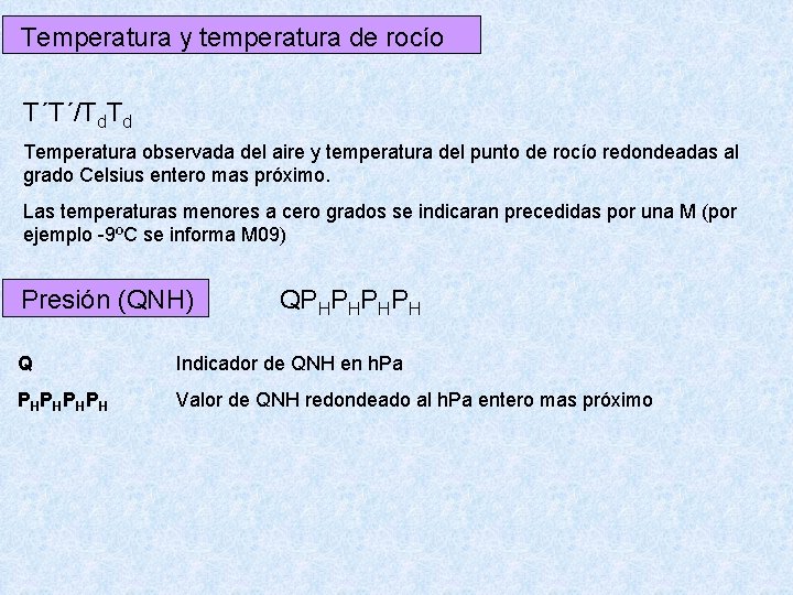 Temperatura y temperatura de rocío T´T´/Td. Td Temperatura observada del aire y temperatura del