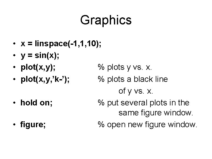 Graphics • • x = linspace(-1, 1, 10); y = sin(x); plot(x, y); %