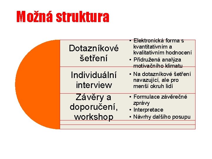 Možná struktura Dotazníkové šetření Individuální interview Závěry a doporučení, workshop • Elektronická forma s