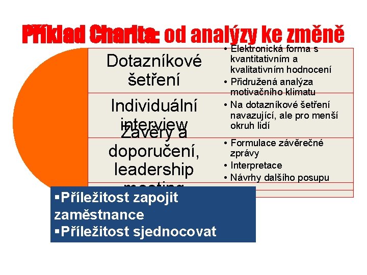 Příklad Charita: od analýzy ke změně • Elektronická forma s Dotazníkové šetření Individuální interview