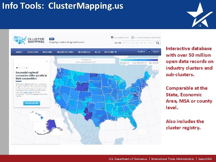 Info Tools: Cluster. Mapping. us 19 Interactive database with over 50 million open data