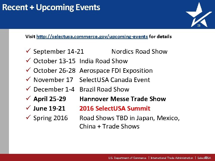 Recent + Upcoming Events 25 Visit http: //selectusa. commerce. gov/upcoming-events for details ü ü