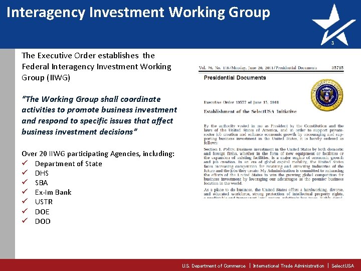 Interagency Investment Working Group 3 The Executive Order establishes the Federal Interagency Investment Working