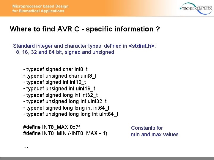 Where to find AVR C - specific information ? Standard integer and character types,