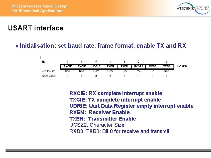 USART interface ● Initialisation: set baud rate, frame format, enable TX and RX RXCIE: