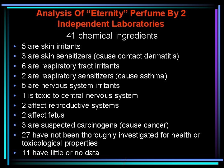 Analysis Of “Eternity” Perfume By 2 Independent Laboratories 41 chemical ingredients • • •