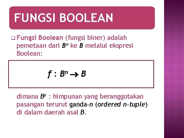 FUNGSI BOOLEAN q Fungsi Boolean (fungsi biner) adalah pemetaan dari Bn ke B melalui