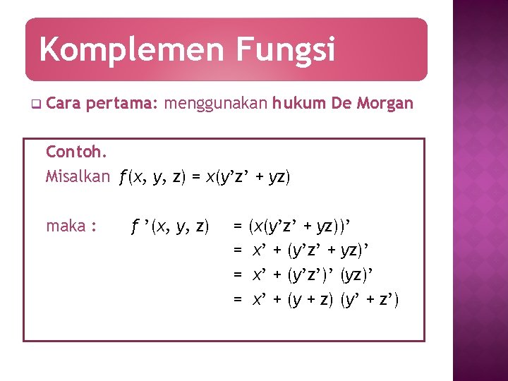 Komplemen Fungsi q Cara pertama: menggunakan hukum De Morgan Contoh. Misalkan f(x, y, z)