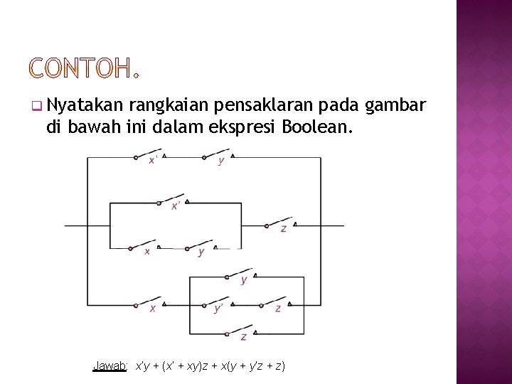 q Nyatakan rangkaian pensaklaran pada gambar di bawah ini dalam ekspresi Boolean. Jawab: x’y