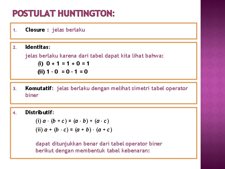 POSTULAT HUNTINGTON: 1. Closure : jelas berlaku 2. Identitas: jelas berlaku karena dari tabel