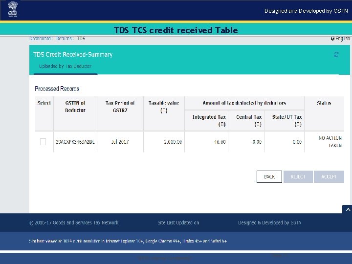 Designed and Developed by GSTN TDS TCS credit received Table . “GSTN Internal Confidential”