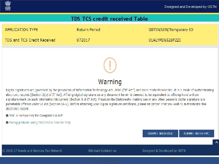 Designed and Developed by GSTN TDS TCS credit received Table . “GSTN Internal Confidential”