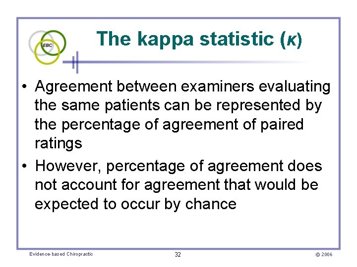 The kappa statistic (κ) • Agreement between examiners evaluating the same patients can be