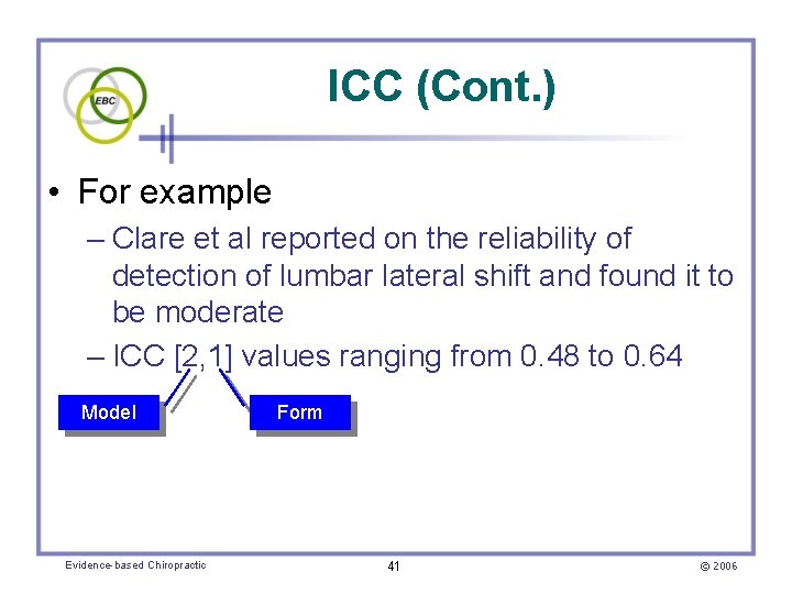 ICC (Cont. ) • For example – Clare et al reported on the reliability