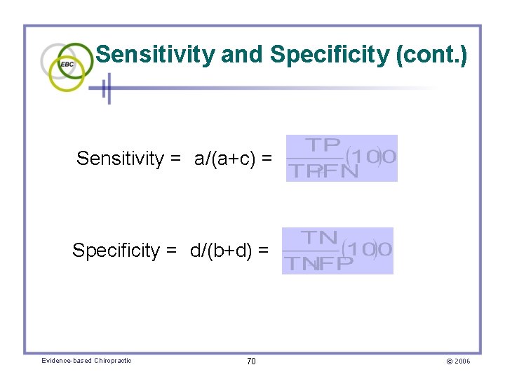 Sensitivity and Specificity (cont. ) Sensitivity = a/(a+c) = Specificity = d/(b+d) = Evidence-based