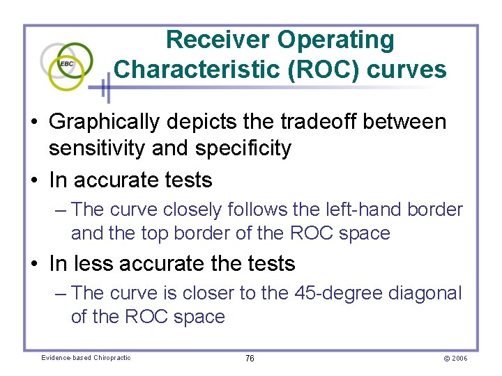 Receiver Operating Characteristic (ROC) curves • Graphically depicts the tradeoff between sensitivity and specificity