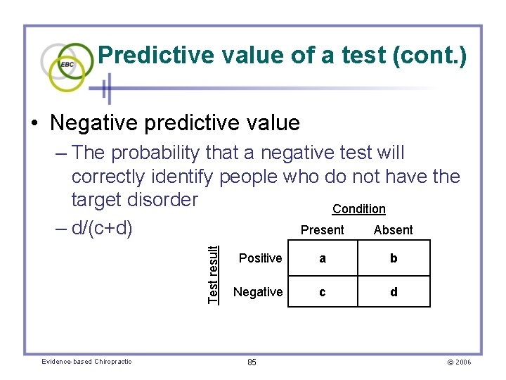 Predictive value of a test (cont. ) • Negative predictive value Test result –