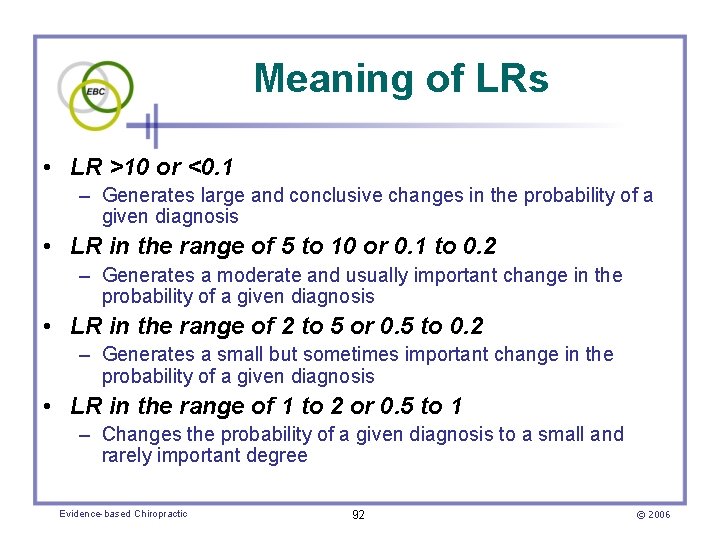 Meaning of LRs • LR >10 or <0. 1 – Generates large and conclusive