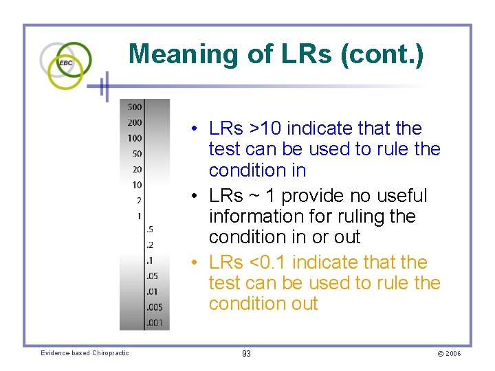 Meaning of LRs (cont. ) • LRs >10 indicate that the test can be