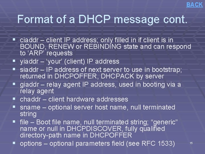 BACK Format of a DHCP message cont. § ciaddr – client IP address; only