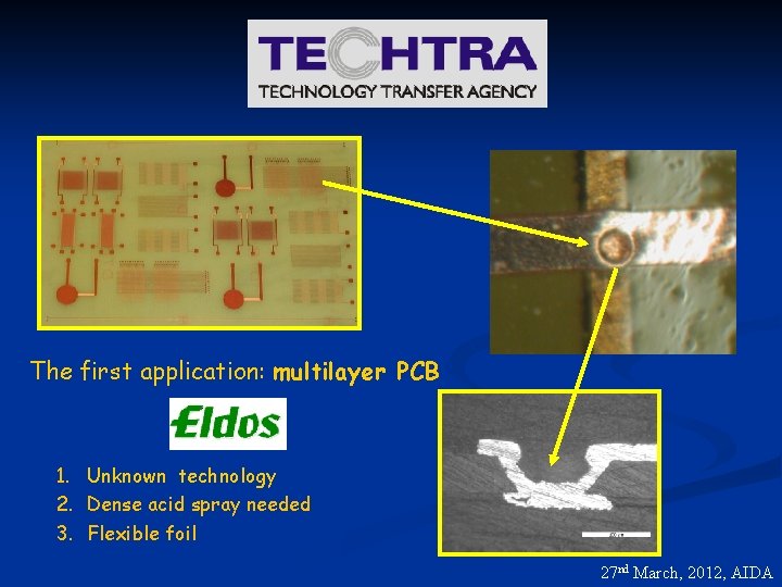 The first application: multilayer PCB 1. Unknown technology 2. Dense acid spray needed 3.