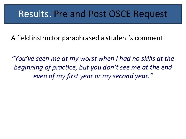 Results: Pre and Post OSCE Request A field instructor paraphrased a student’s comment: “You’ve