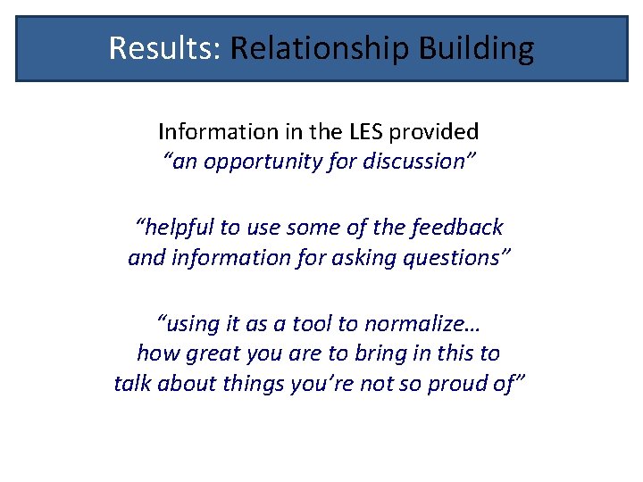 Results: Relationship Building Information in the LES provided “an opportunity for discussion” “helpful to